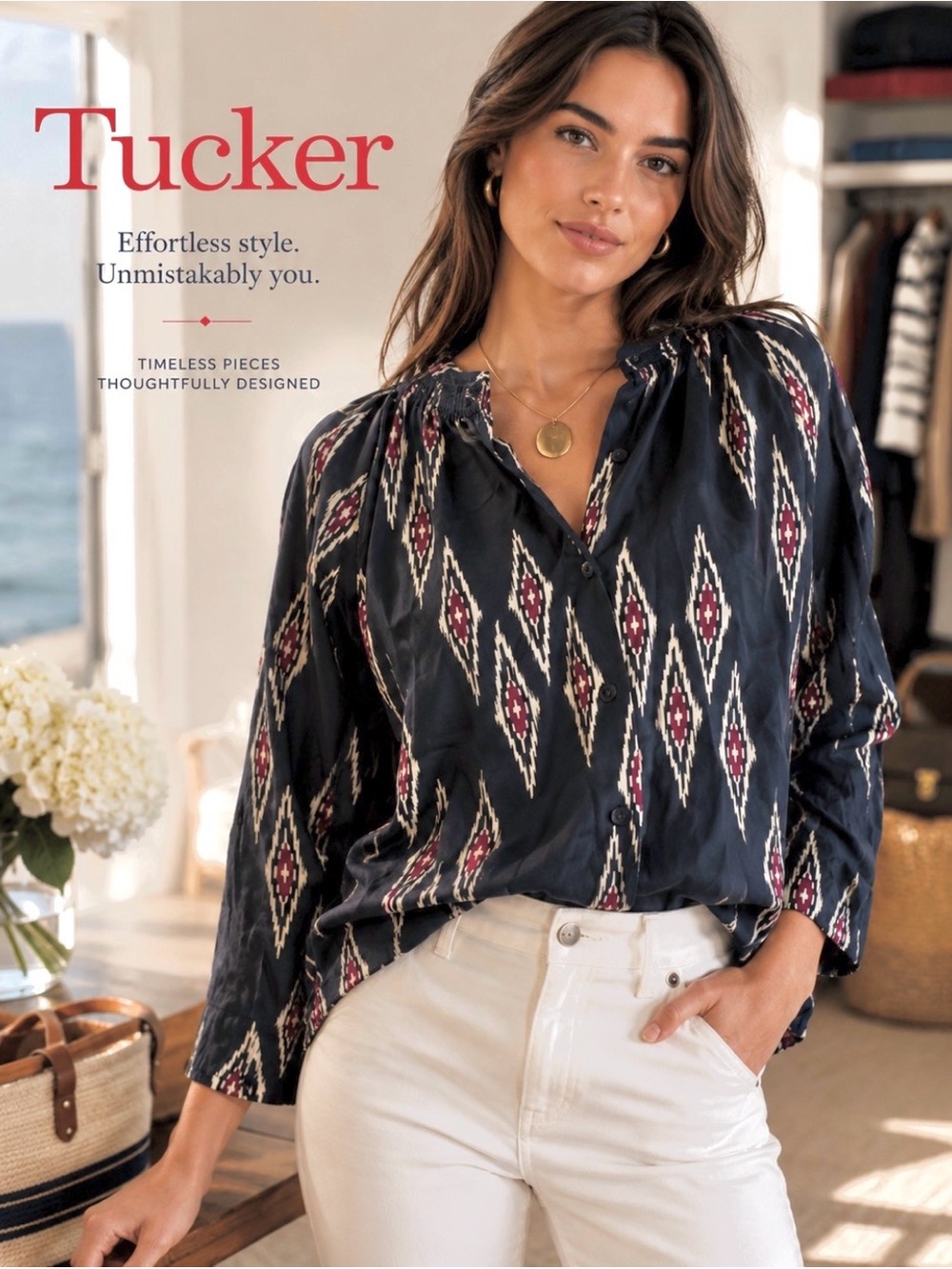 Tucker Charcoal Blouse with Red and White Geometric Design